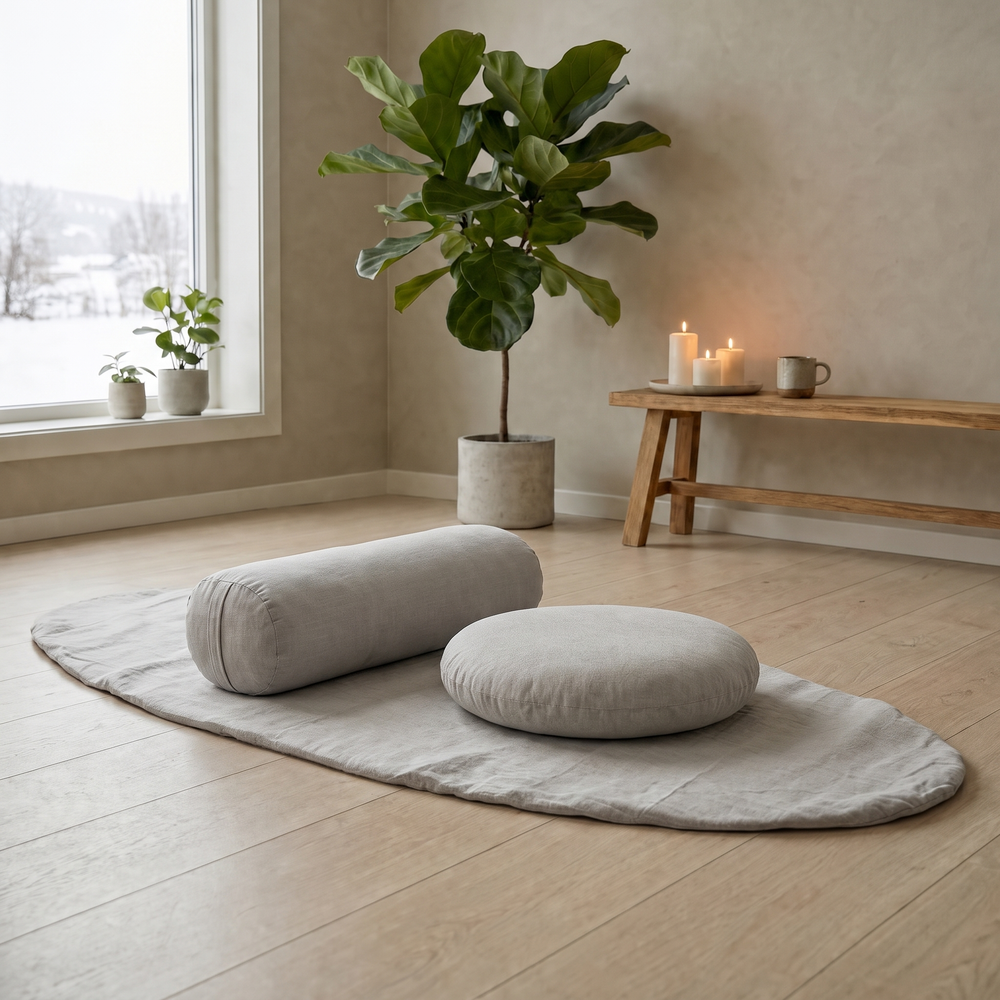 Komplet Yoganic yogasæt med udfoldet meditationsmåtte, stor yogapølle og meditationspude